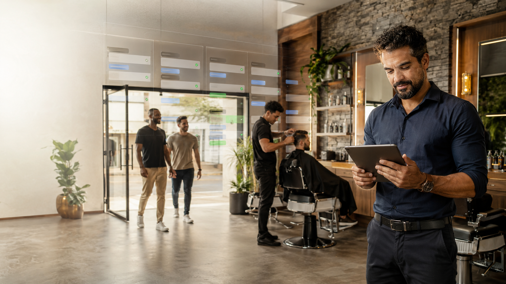 Dono de barbearia consultando um tablet enquanto um barbeiro atende um cliente na cadeira